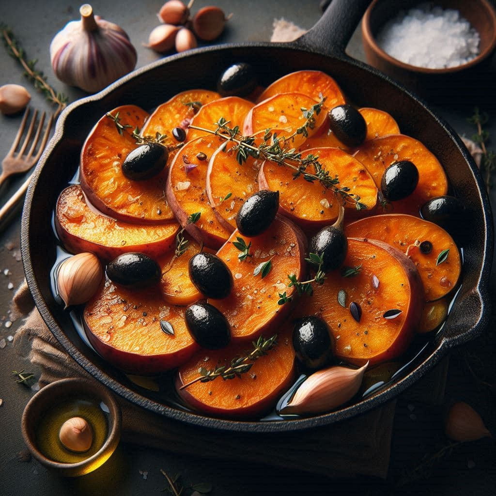 Сладкий батат с черными оливками и чесноком