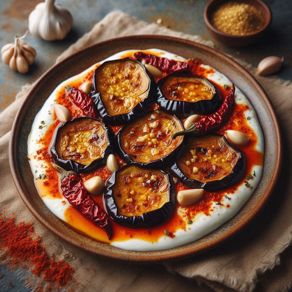 Баклажан с карамельной корочкой и йогуртом с хариссой