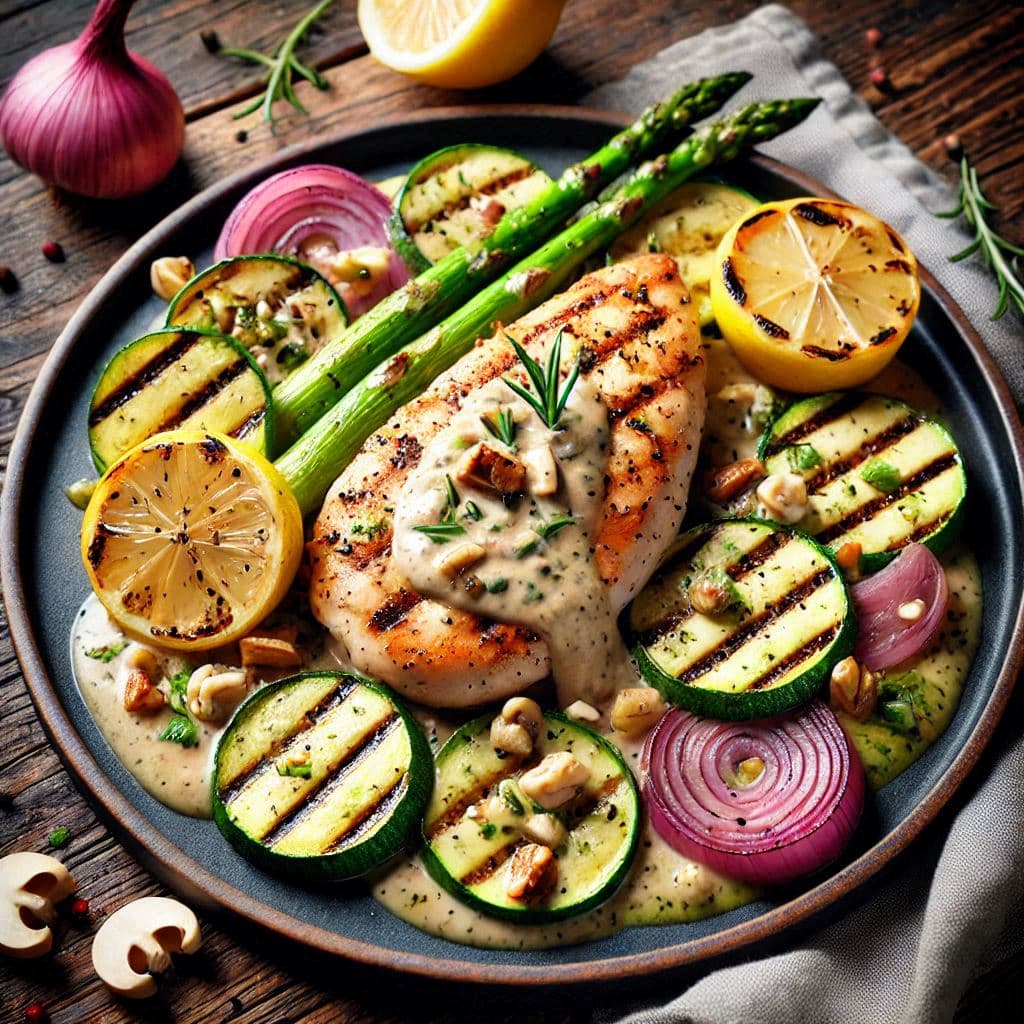 Гриль-курица с овощами и лимонно-ореховым соусом