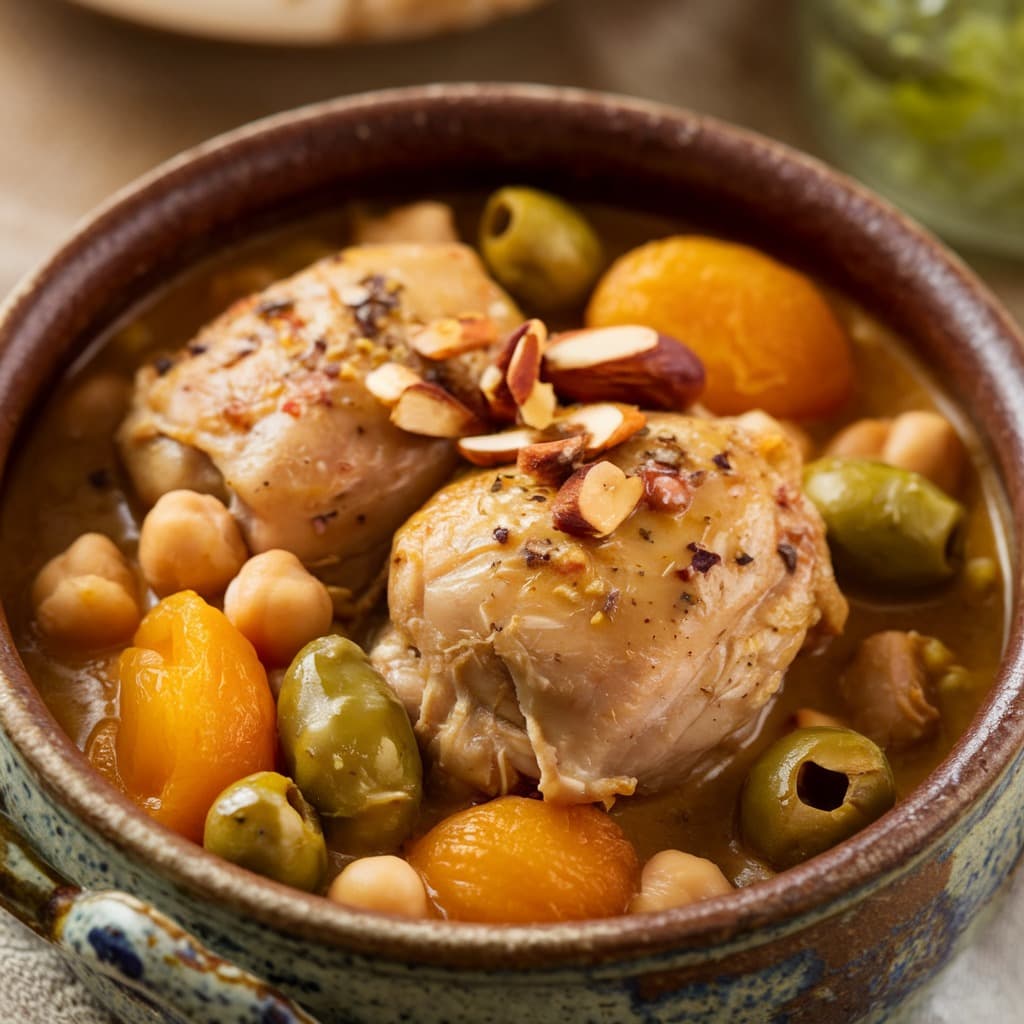 Марокканское куриное рагу с абрикосами, миндалем и оливками