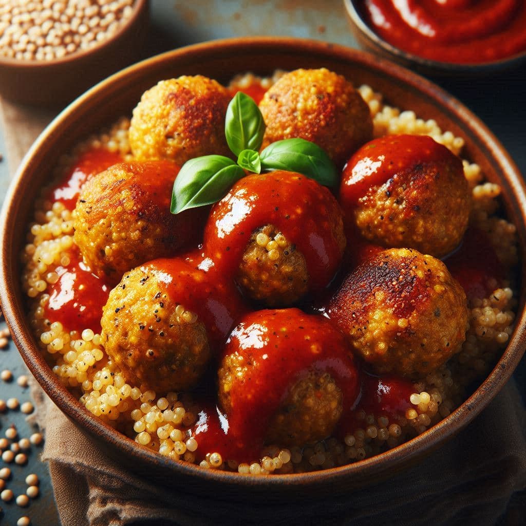 Тёплые шарики из киноа и чечевицы с томатным соусом