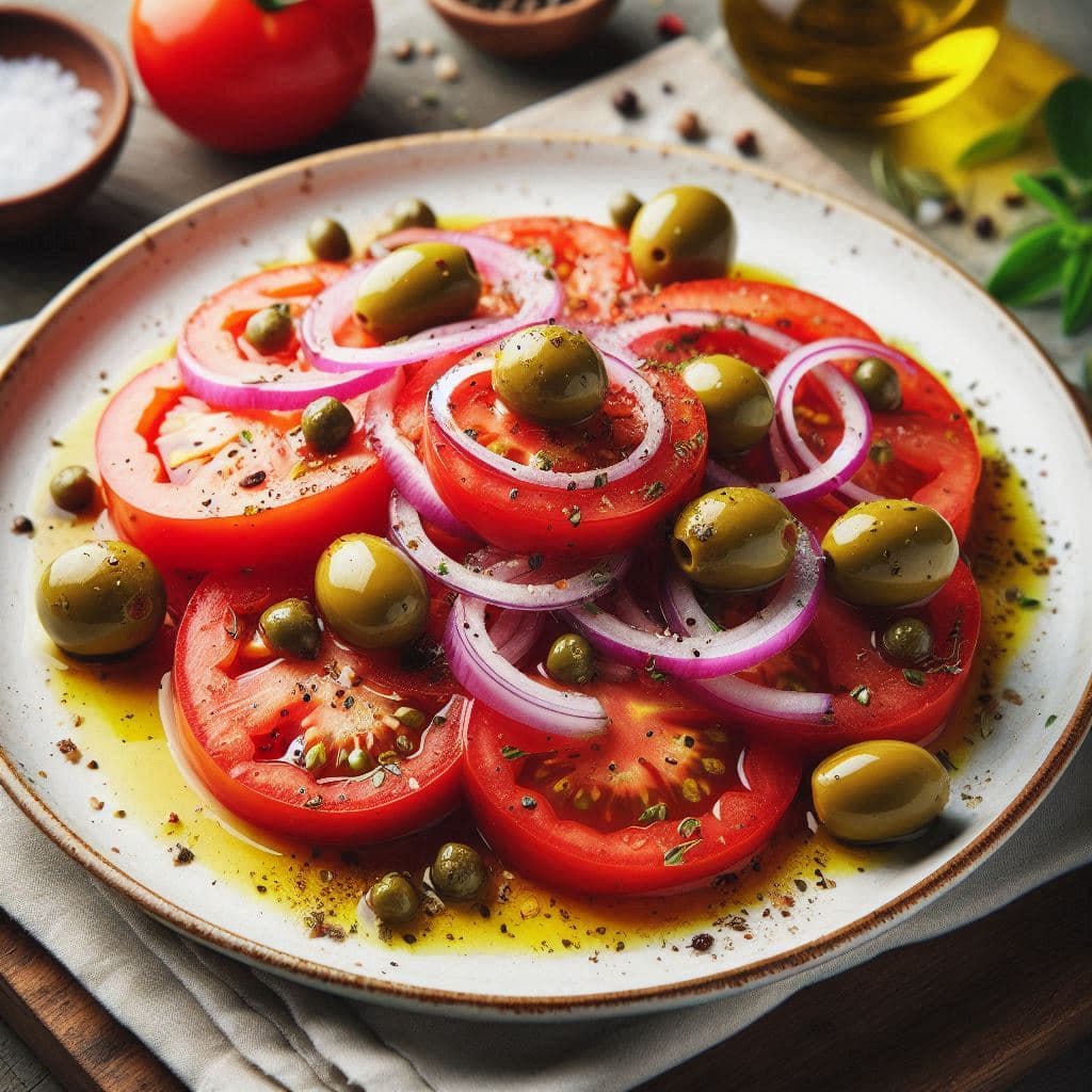 Салат с томатами, оливками и каперсами по-сицилийски