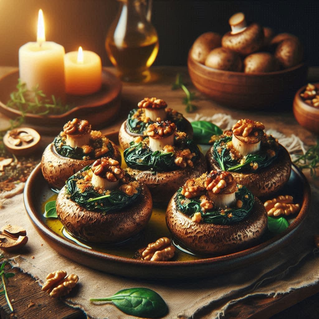 Грибы, фаршированные шпинатом и грецкими орехами