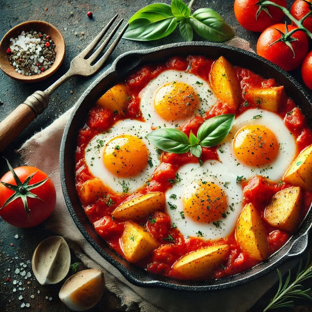 томатный скиллет с яйцами и золотистым картофелем