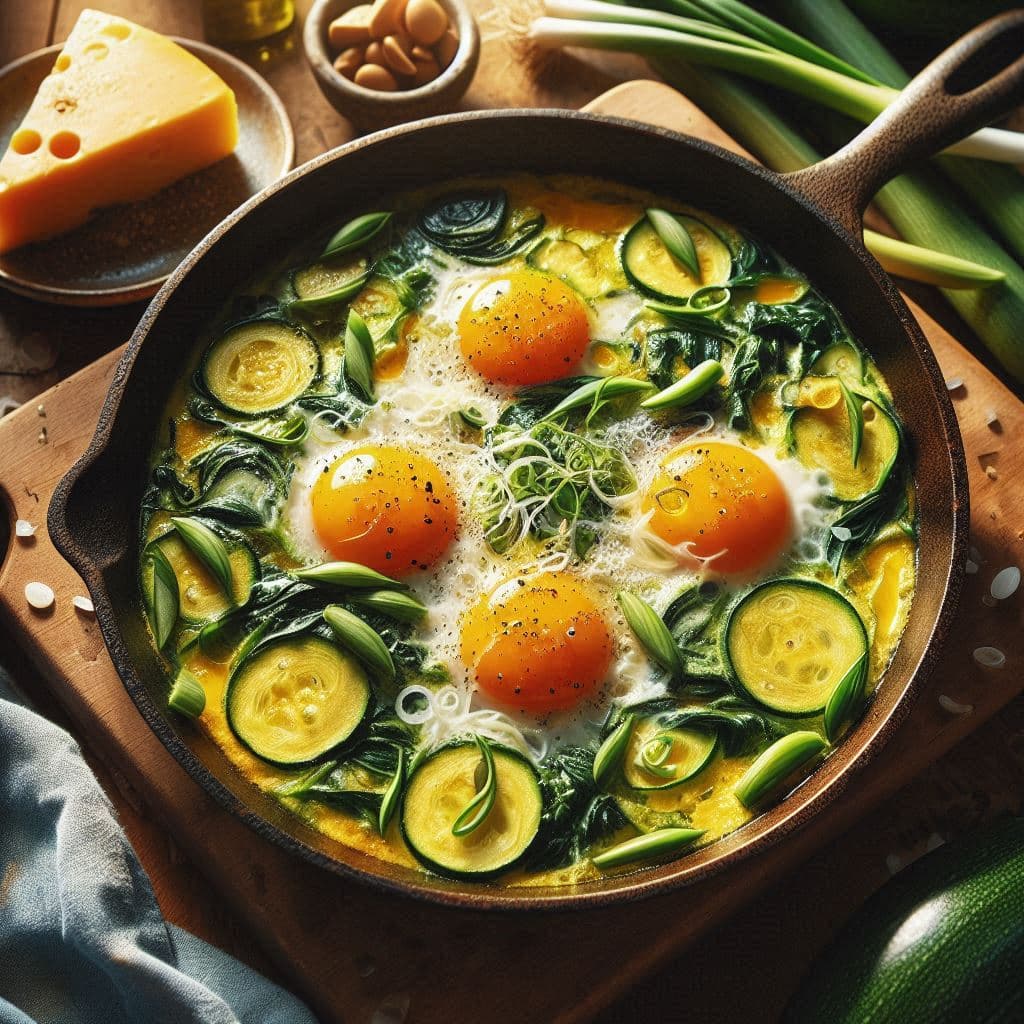 Яркий скиллет с яйцами и зеленью